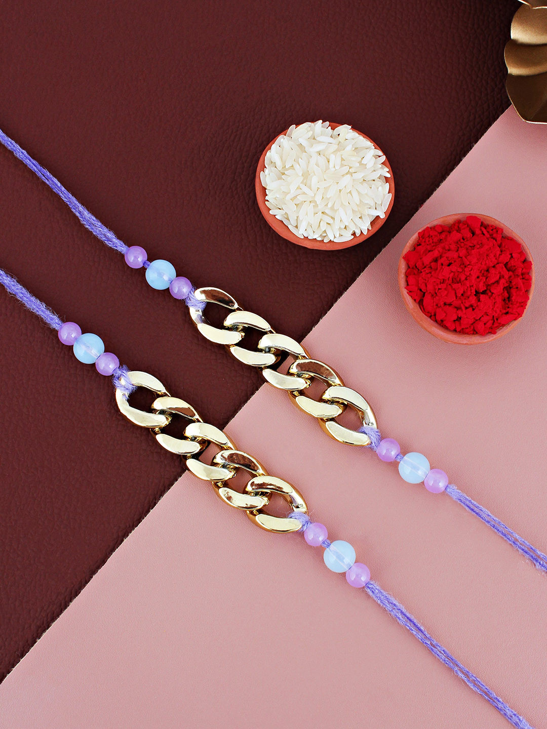LUCKY JEWELLERY Set Of 2 Gold Plated Chain Link Rakhi With Roli Chawal & Greeting Card