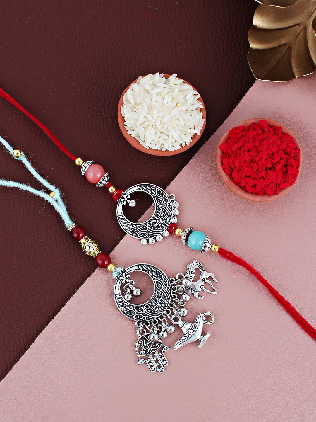 LUCKY JEWELLERY Beaded German Silver Bhaiya Bhabhi Rakhis With Roli Chawal & Greeting Card