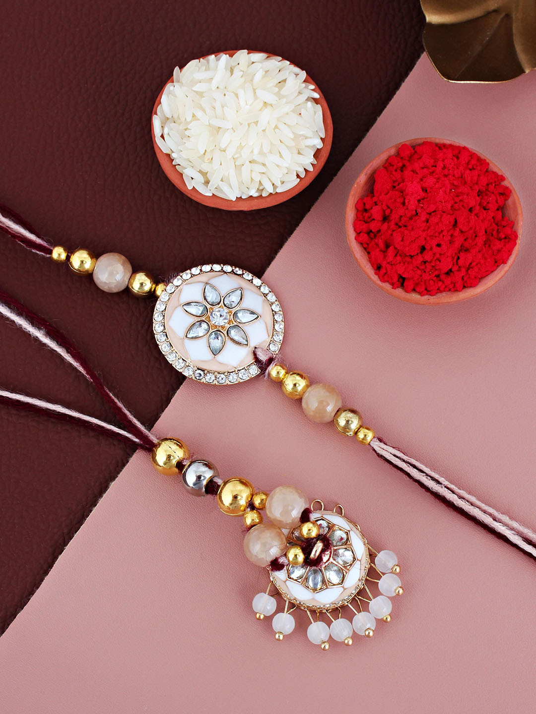 LUCKY JEWELLERY Set Of 2 Meena Stone Studded Lumba & Thread Rakhis With Roli Chawal