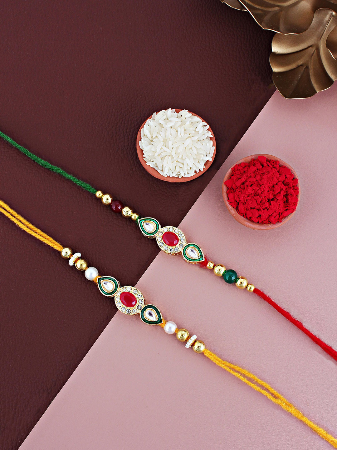 LUCKY JEWELLERY Set Of 2 Gold Plated Meena Kunda Rakhi Gift Set