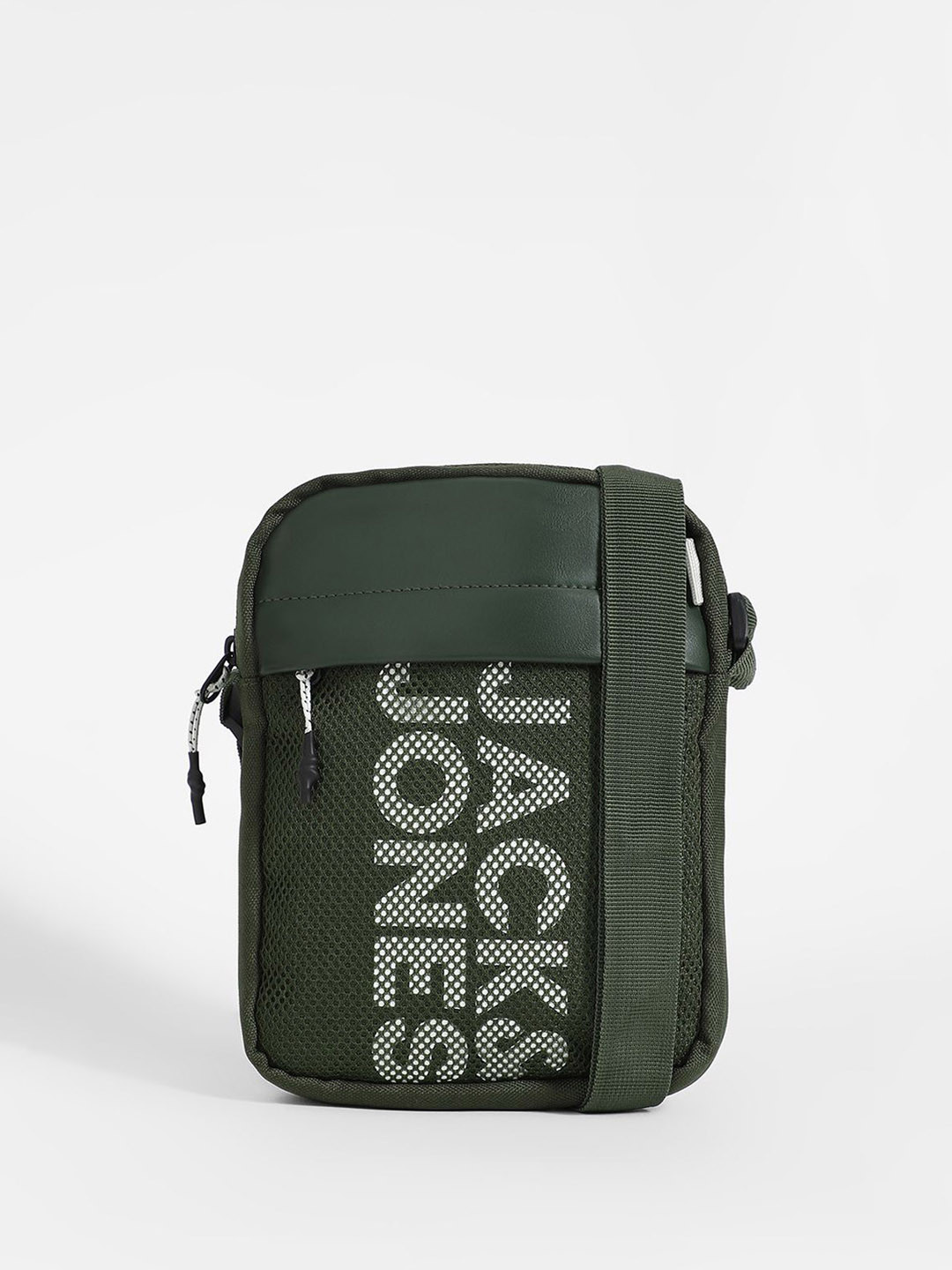 Jack & Jones Men Brand Logo Printed Structured Sling Bag with Cut Work