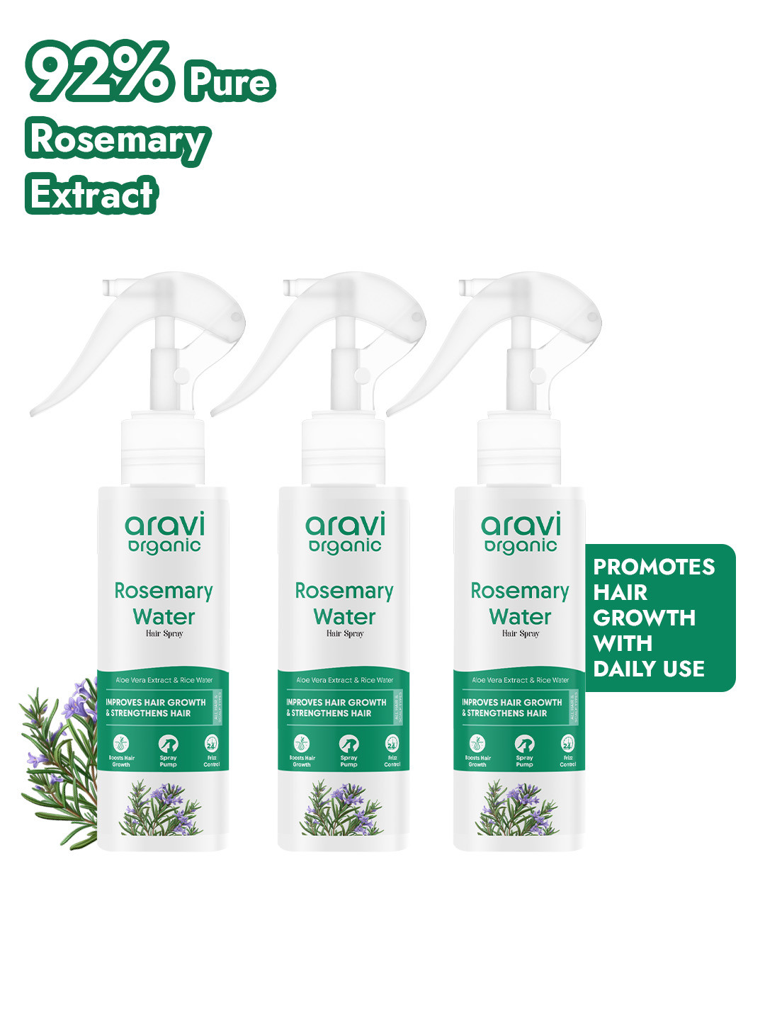 Aravi Organic Rosemary Water Spray For Hair Growth, Natural Scalp Treatment - Pack Of 3
