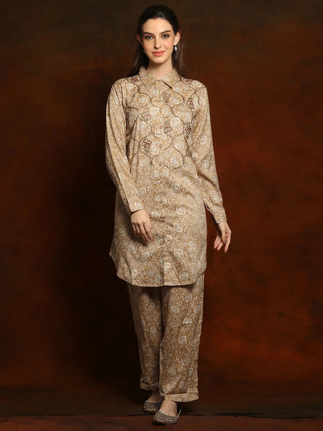 Exotic India Light Brown Pure Linen Printed Co-ord set with Glass Sequins on the Neck