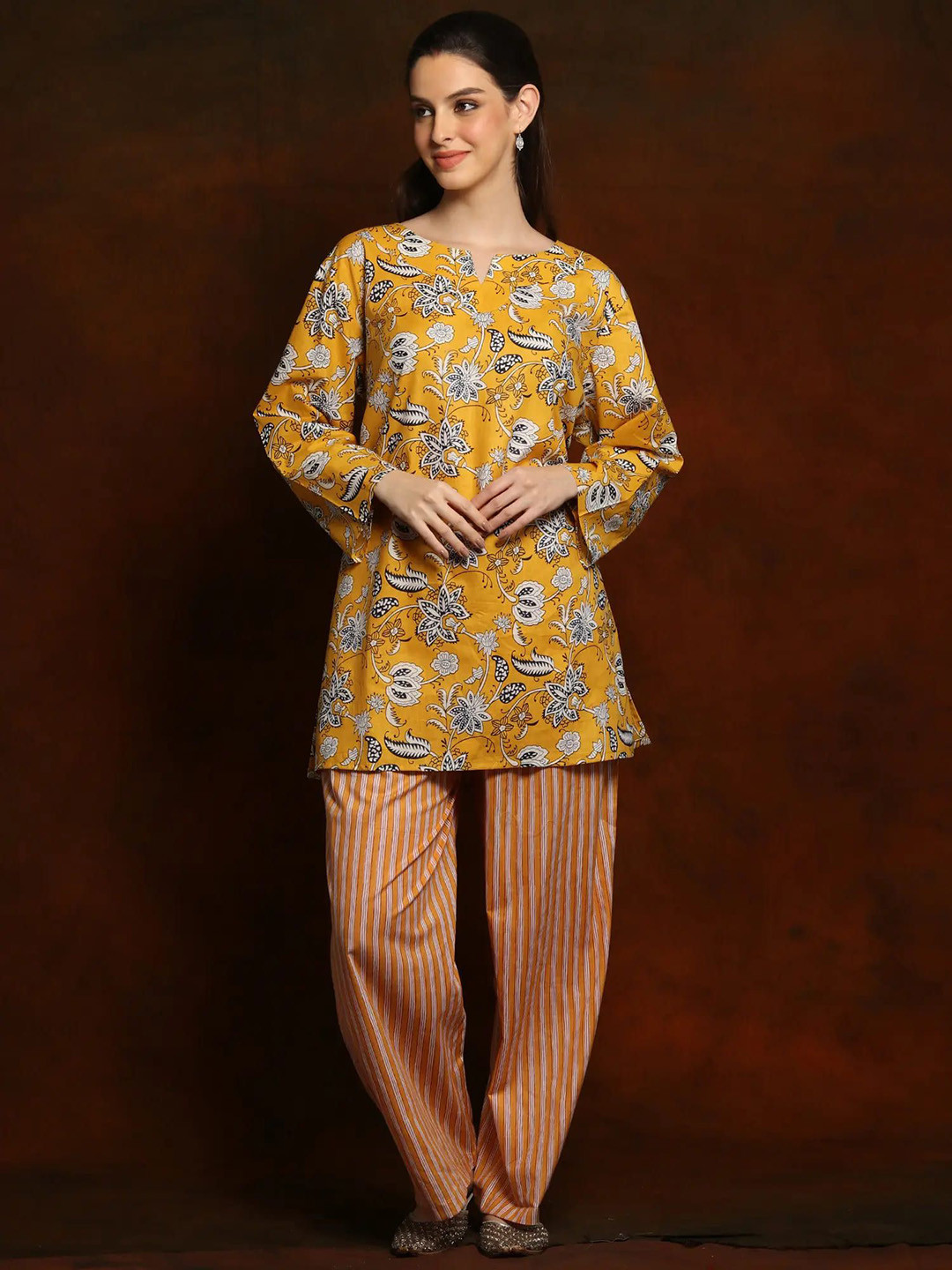 Exotic India Pure Cotton Indian Style Printed Mustard Yellow Co-Ord Set