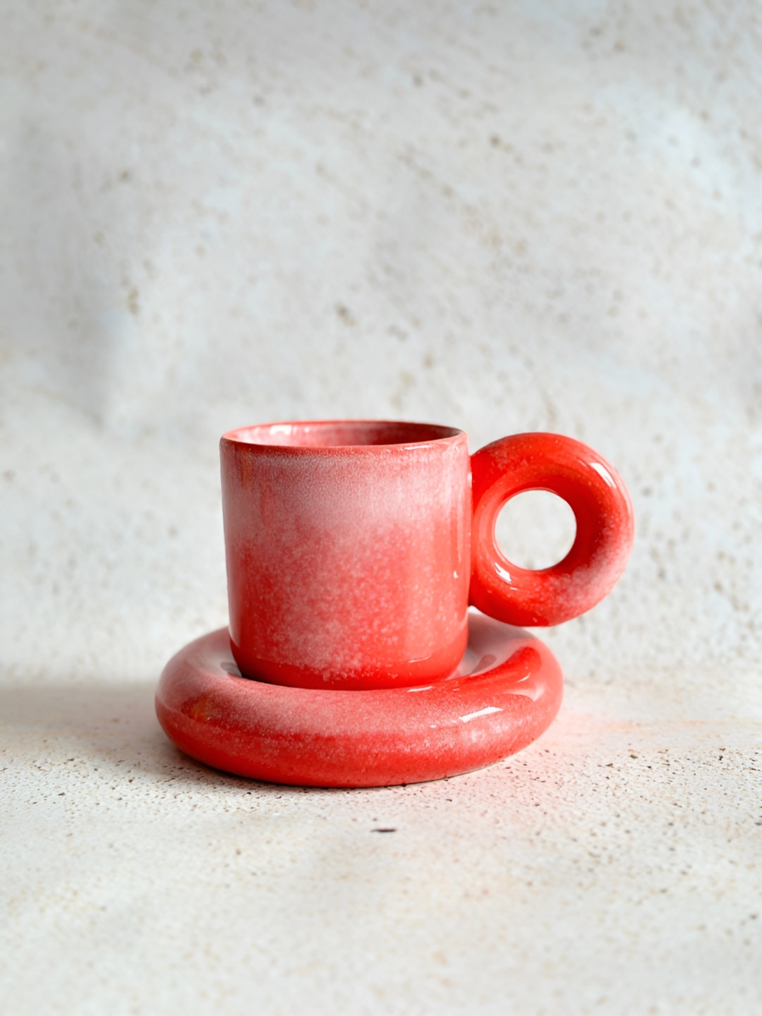 NURTURE INDIA Red & White Printed Microwave Safe Glossy Ceramic Cup With Saucer 220 ml