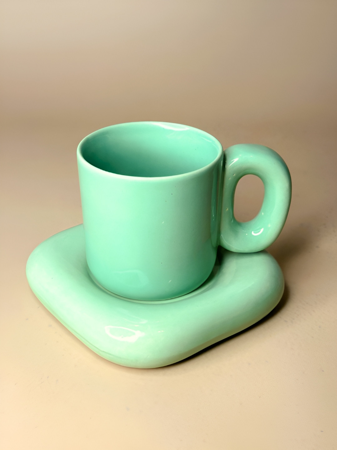 NURTURE INDIA Green Microwave Safe Glossy Ceramic Cup With Saucer 220 ml