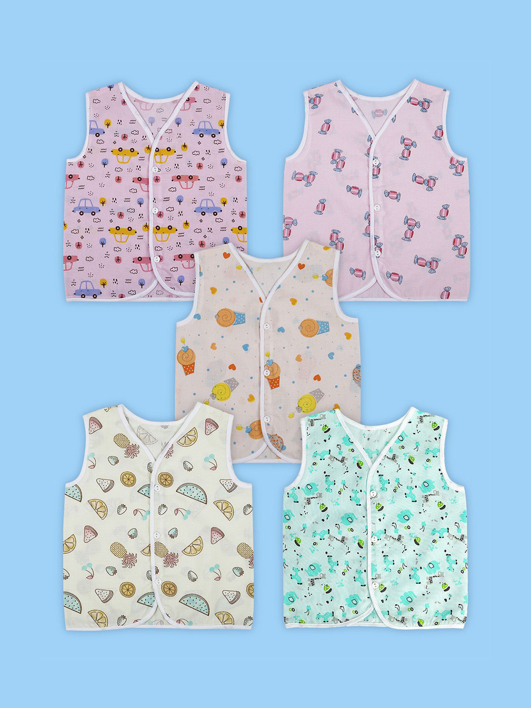 Baby Moo Multi Print V-Neck Sleeveless Front Opening Button Cotton Jhablas 5 Pcs