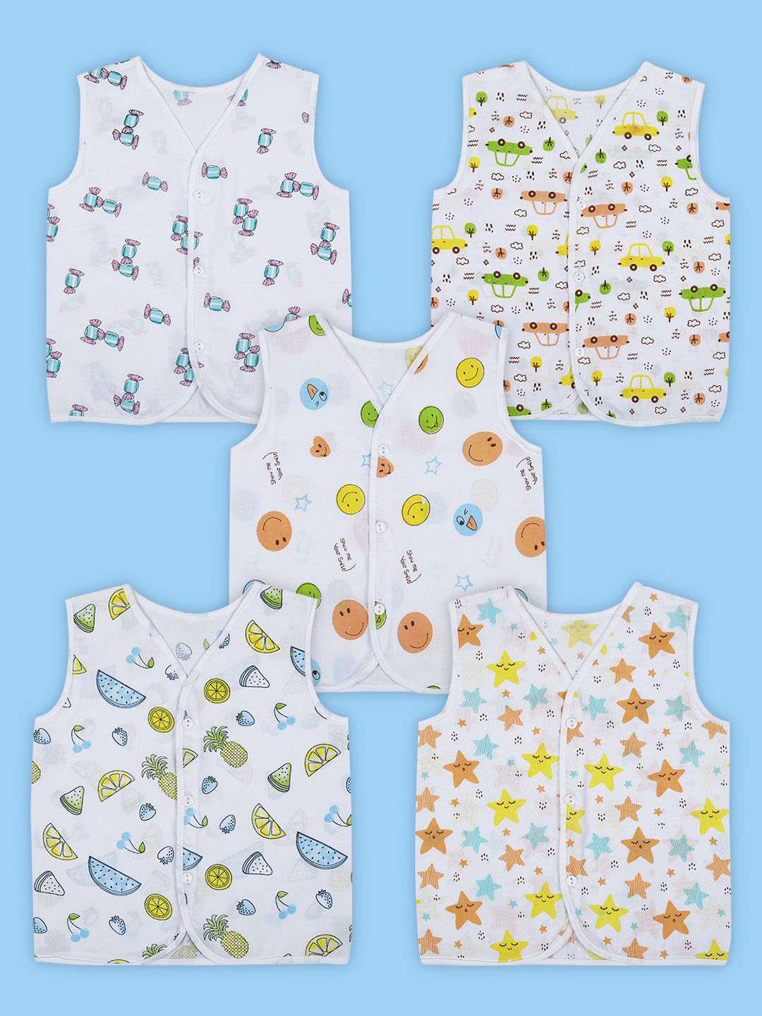 Baby Moo Animal Embroidery V-Neck Sleeveless Front Opening Button Cotton Jhablas 5 Pcs