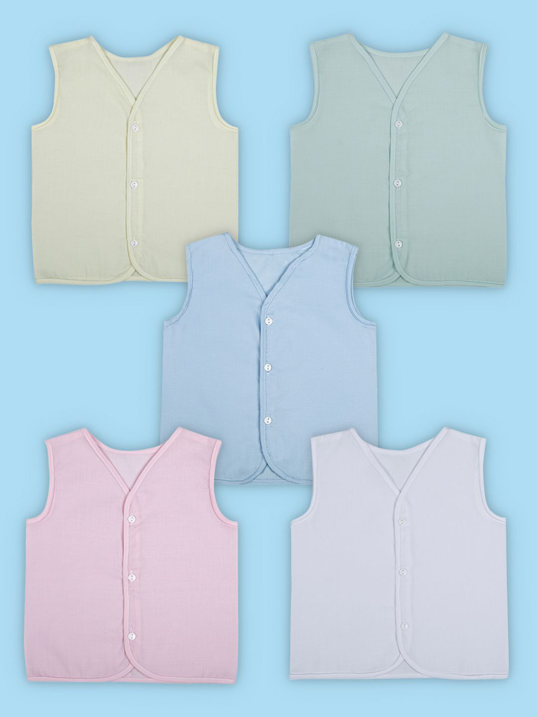 Baby Moo Solid V-Neck Sleeveless Front Opening Button Cotton Jhablas 5 Pcs