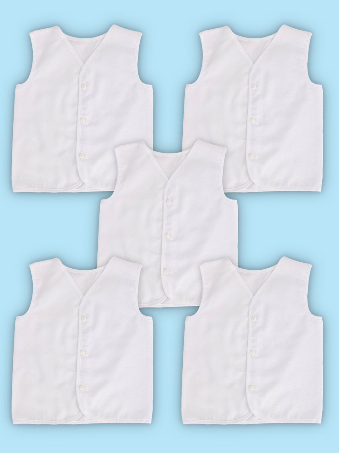 Baby Moo Solid V-Neck Sleeveless Front Opening Button Cotton Jhablas 5 Pcs White