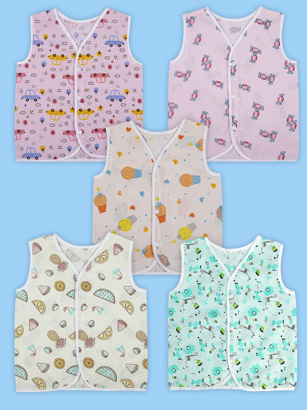 Baby Moo Multi Print V-Neck Sleeveless Front Opening Button Cotton Jhablas 5 Pcs