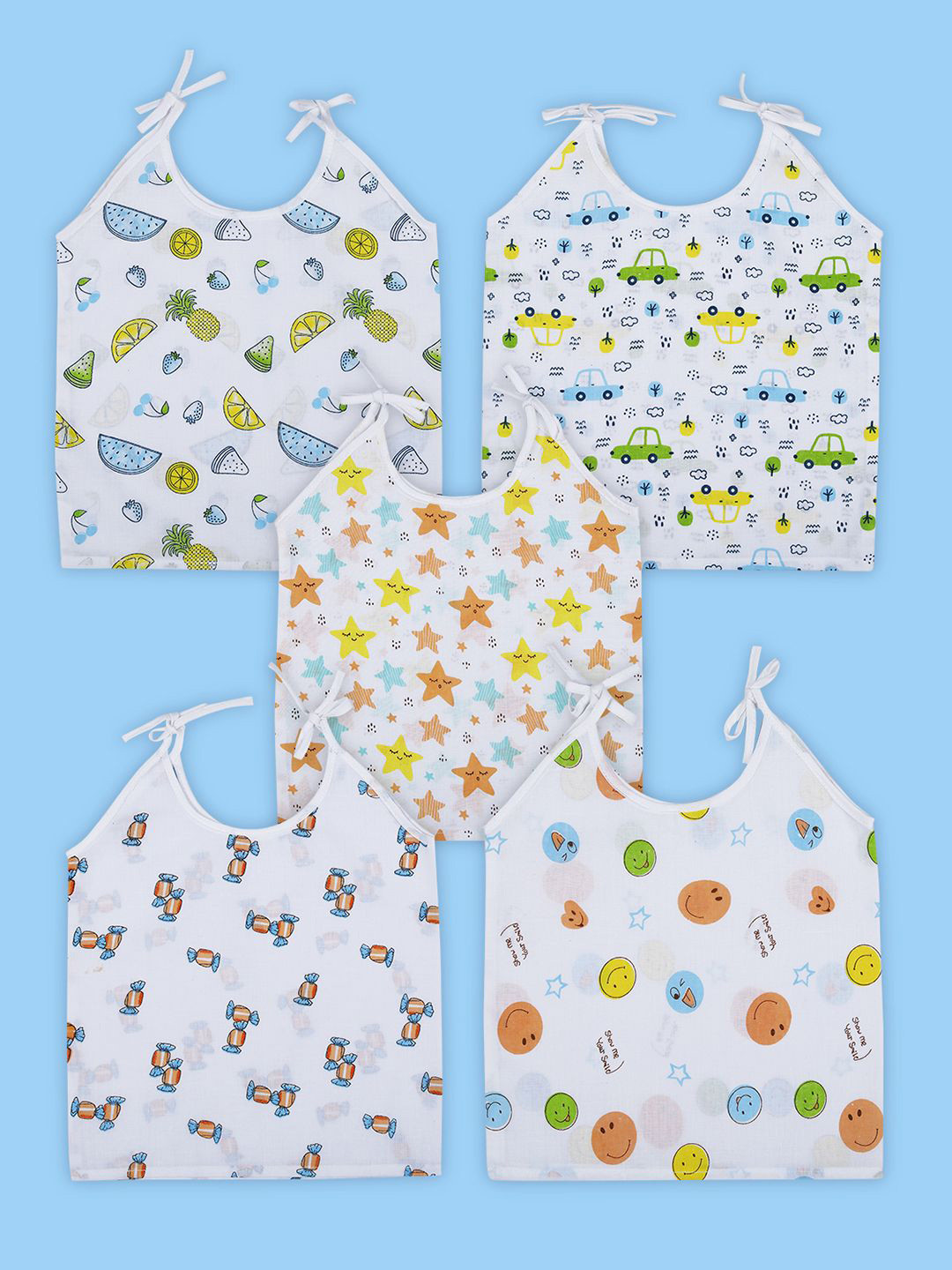 Baby Moo Cars And Stars Round Neck Sleeveless Tie Knot Cotton Jhablas 5 Pcs