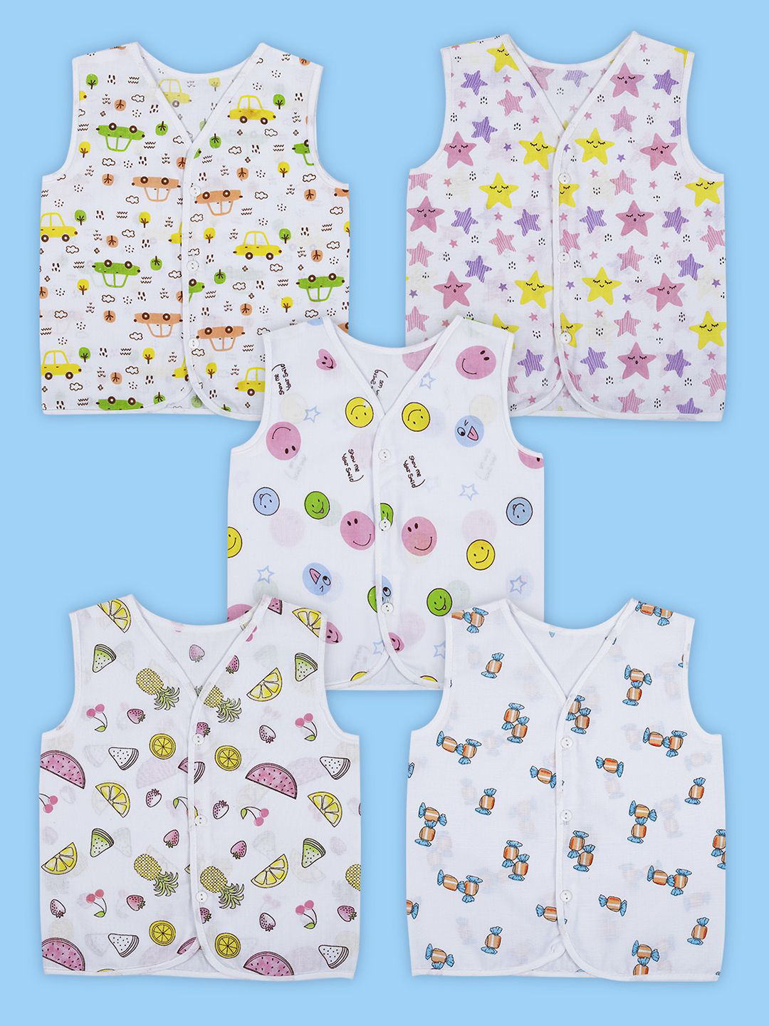 Baby Moo Printed V-Neck Sleeveless Front Opening Button Cotton Jhablas 5 Pcs