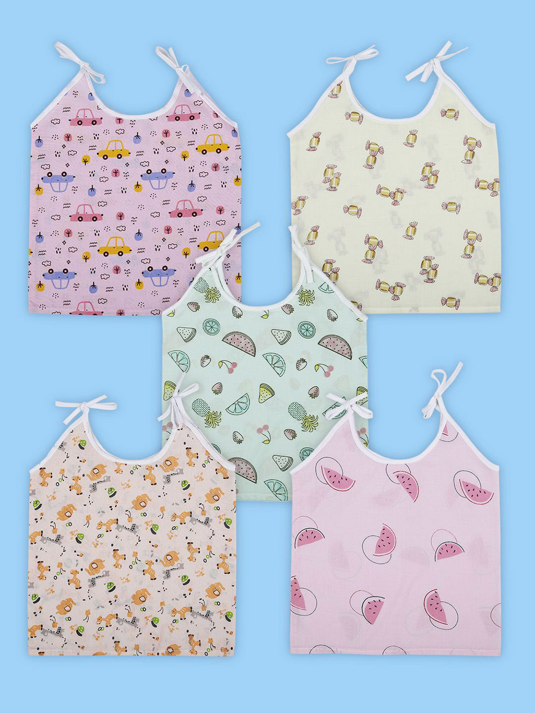 Baby Moo  Candy Crush Round Neck Sleeveless Tie Knot Cotton Jhablas 5 Pcs