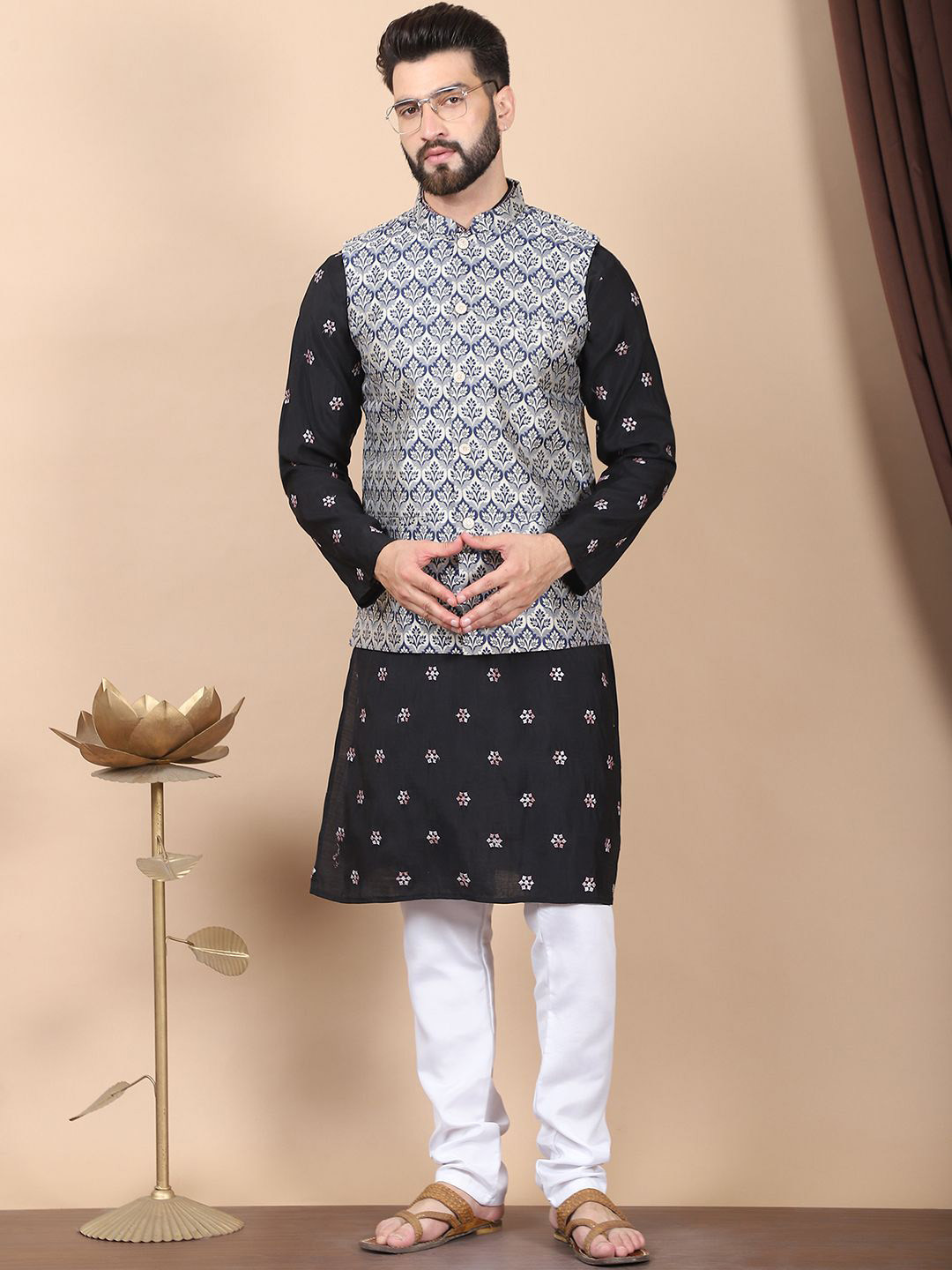 Anouk BlackFloral Embroidered Sequinned Cotton Silk Kurta with Churidar & Nehru Jacket