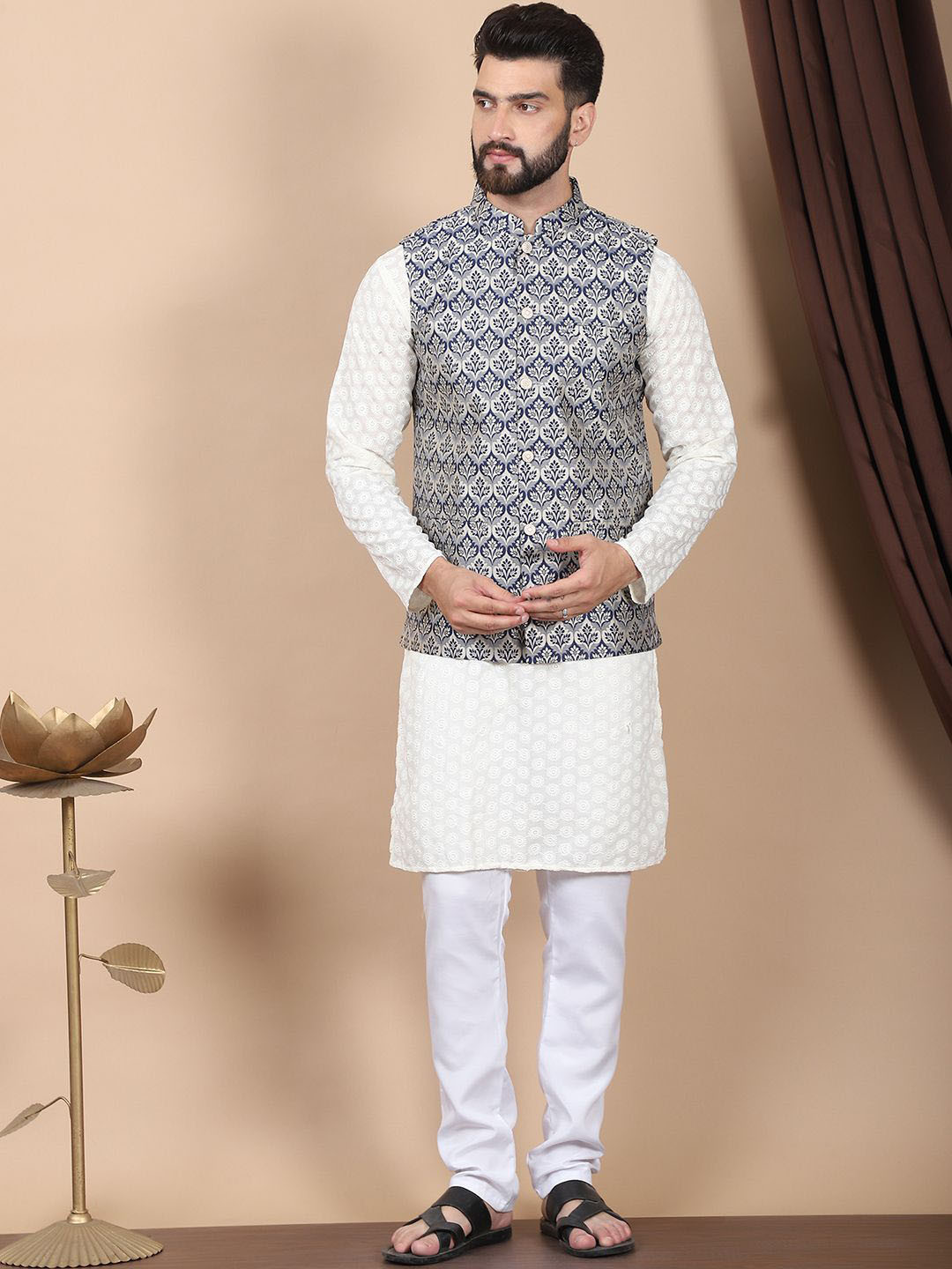 Anouk Cream-Coloured Floral Embroidered Pure Cotton Kurta with Churidar & Nehru Jacket