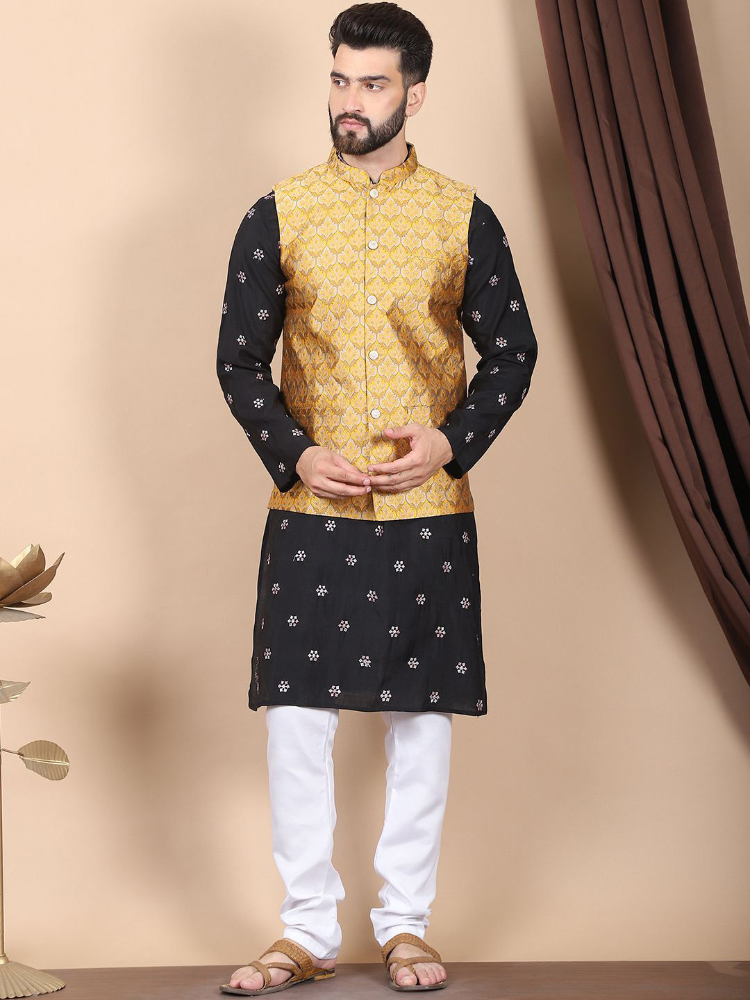 Anouk Black Floral Embroidered Sequinned Cotton Silk Kurta with Churidar & Nehru Jacket