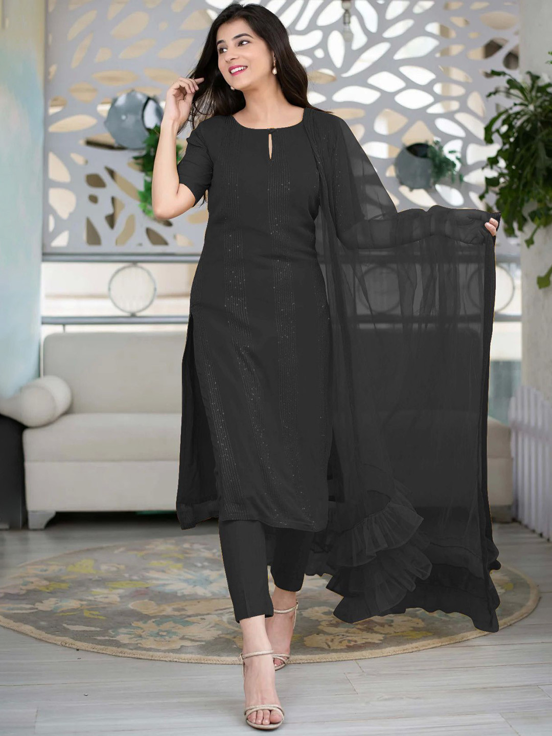 Ethnic Yard Striped Keyhole Neck Sequined Straight Kurta with Trousers & Dupatta