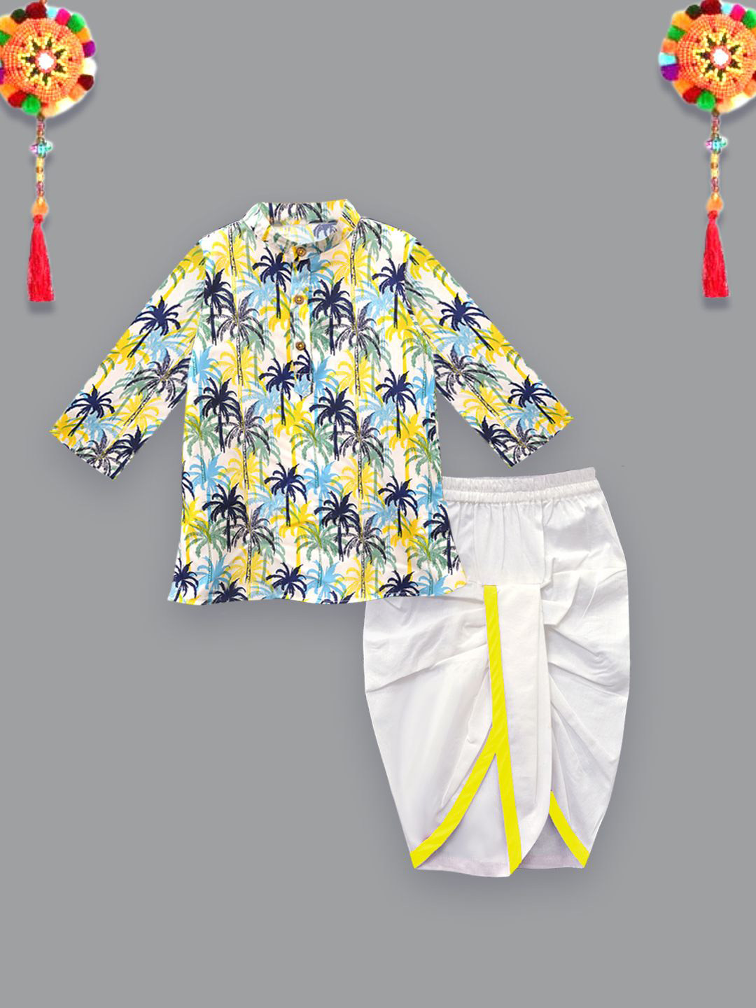 A.T.U.N. Boys Printed Band Collar Kurta With Dhoti Pants