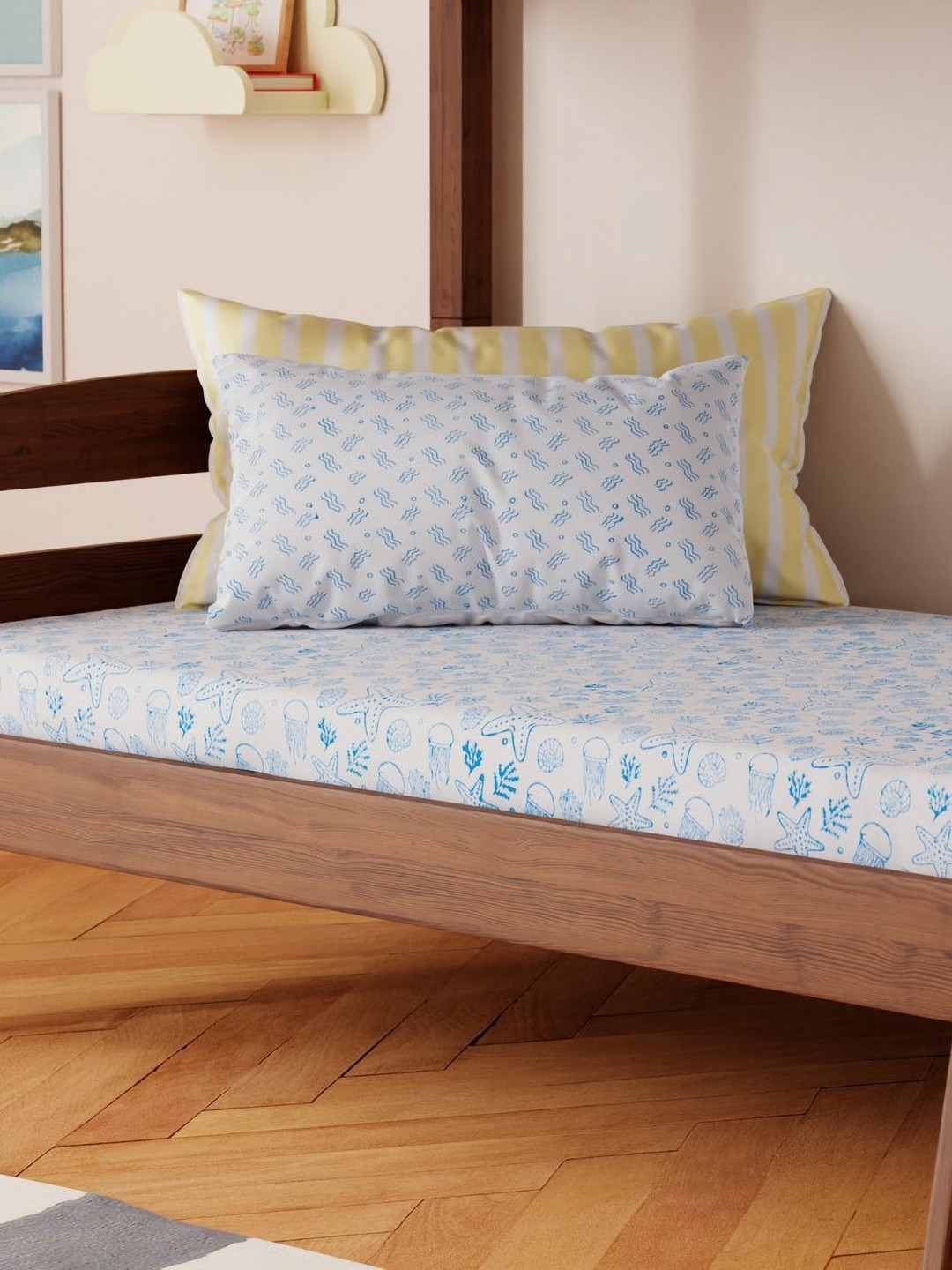 Eyaas Blue Conversational Cotton 200 TC Single Fine Bedsheet with a Pillow Cover-90 x 60 inches