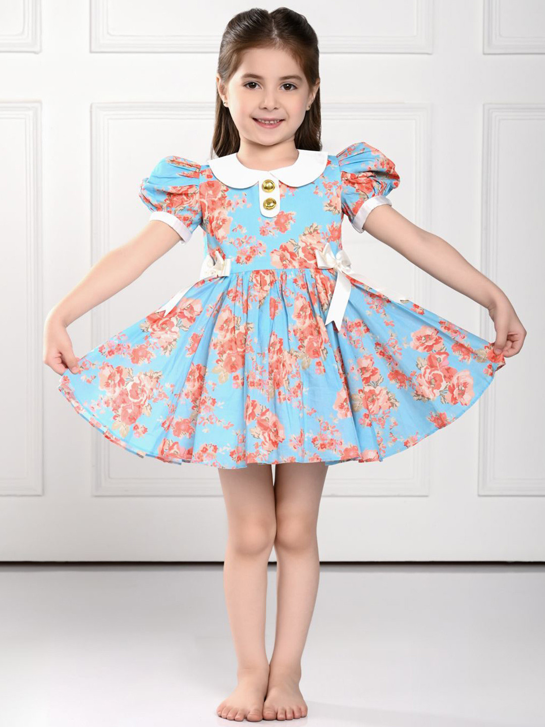 THE PONY & PEONY CO. Girls Floral Print Peter Pan Collar Puff Sleeve Fit & Flare Dress