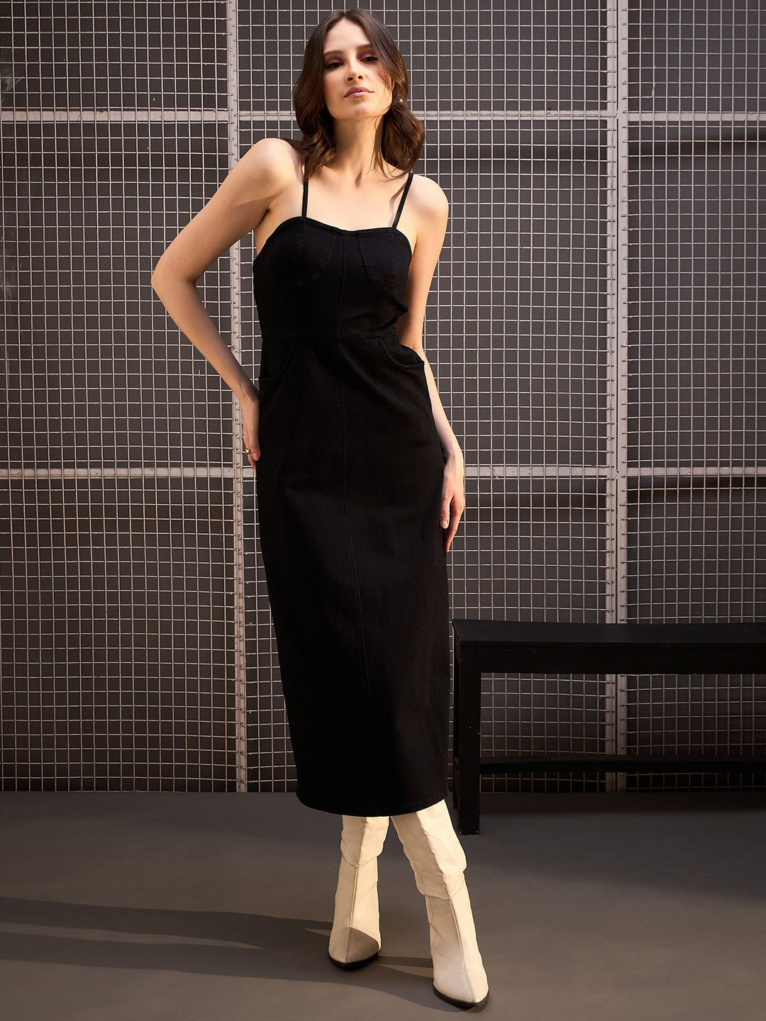 StyleStone Shoulder Straps Corset Style A-Line Midi Dress