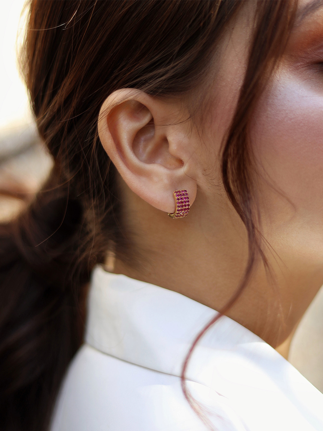 Pefectly Average Women 18K Gold Plated Pink Studded Huggies