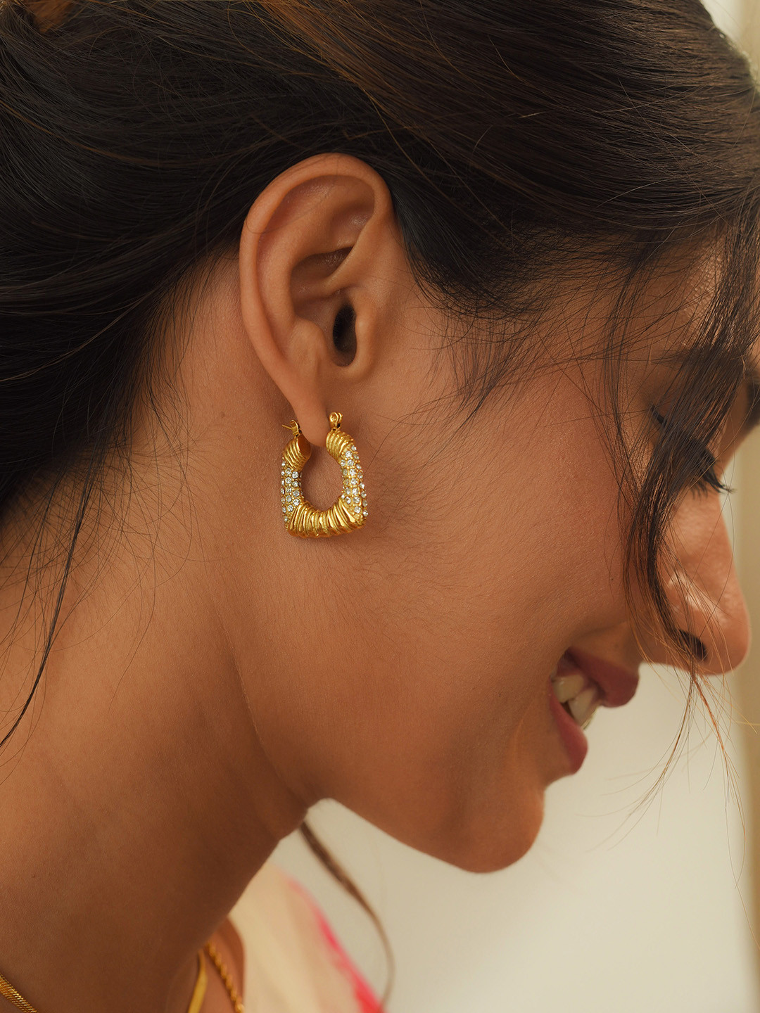 Perfectly Average Women 18K Gold Plated Diamond Cz Studded Textured Hoops