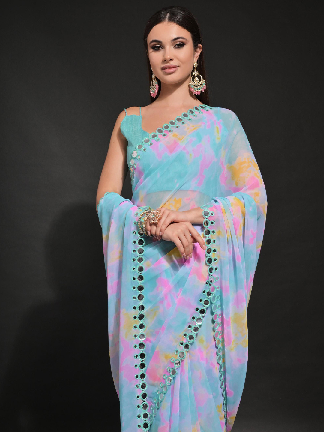 Mitera Mirror Work Satin Saree