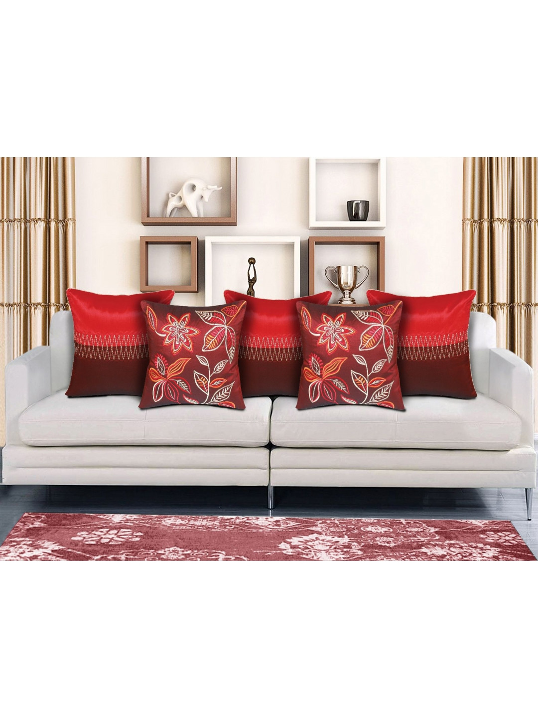 HOME9INE Maroon & Brown 5 Pieces Colourblocked Embroidered Square Cushion Covers