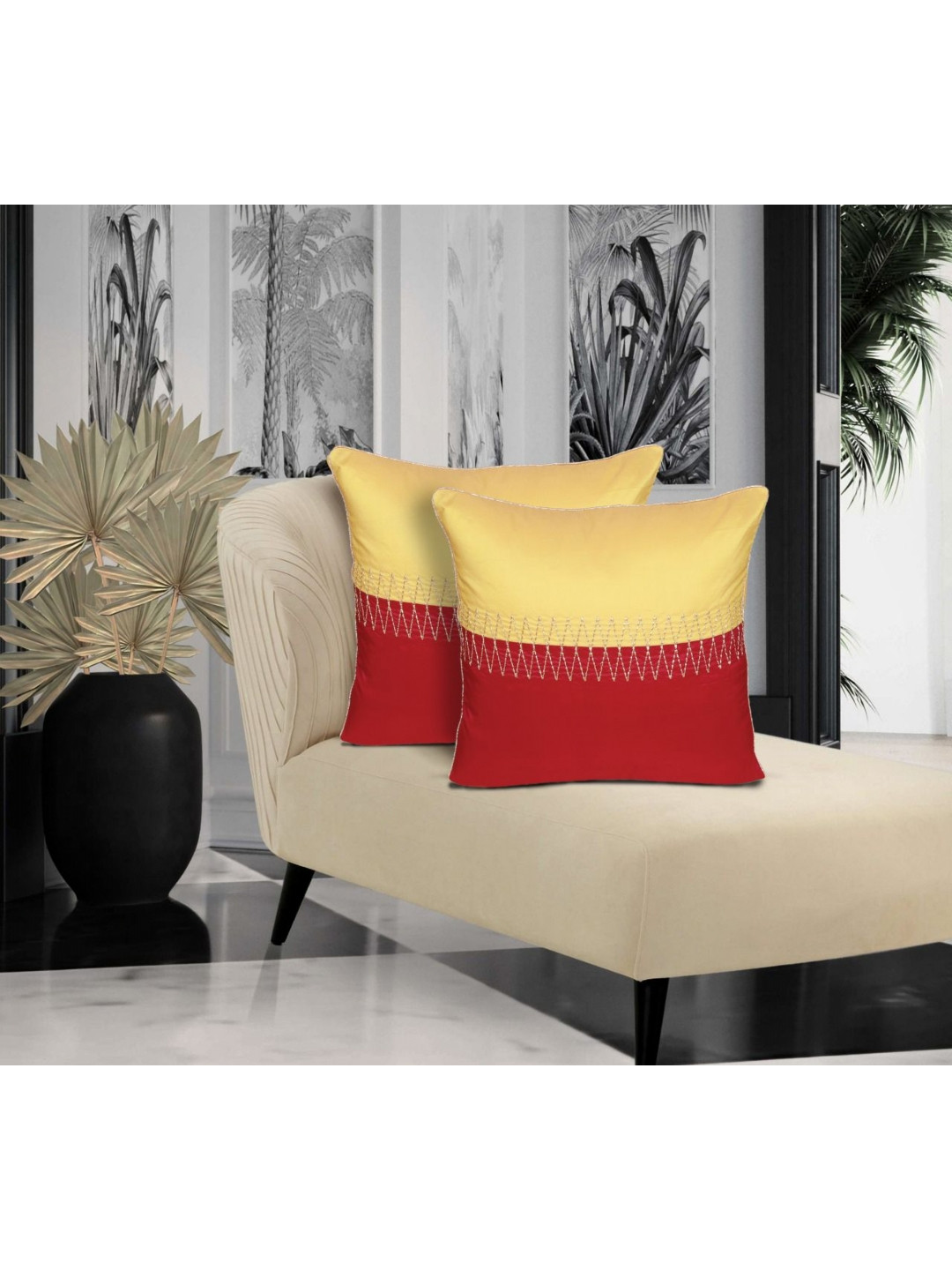 HOME9INE Yellow & Red  2 Pieces Colourblocked Embroidered Square Cushion Covers