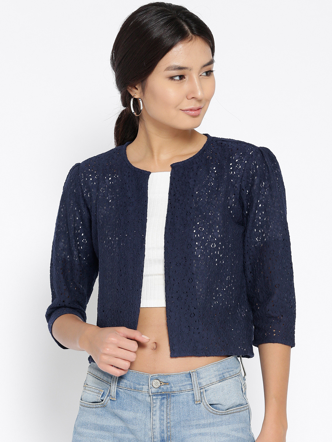 Style Quotient Navy Lace Open Front Crop Shrug
