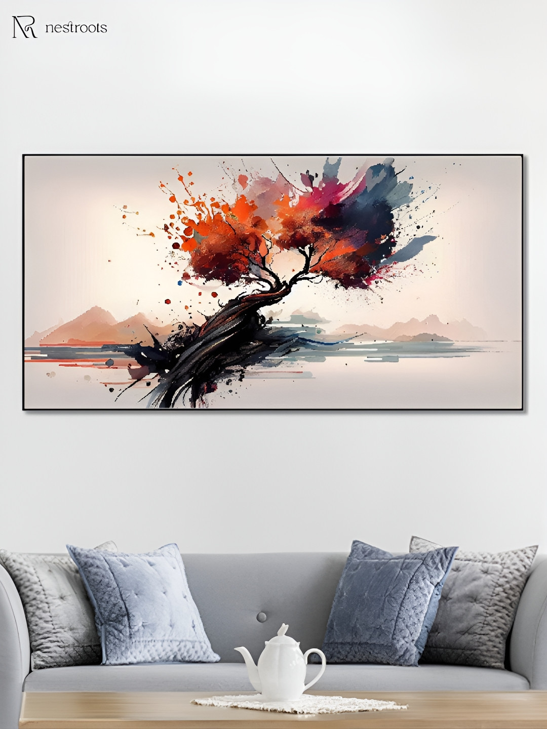nestroots White & Orange Dynamic Tree Canvas Framed Painting Wall Art