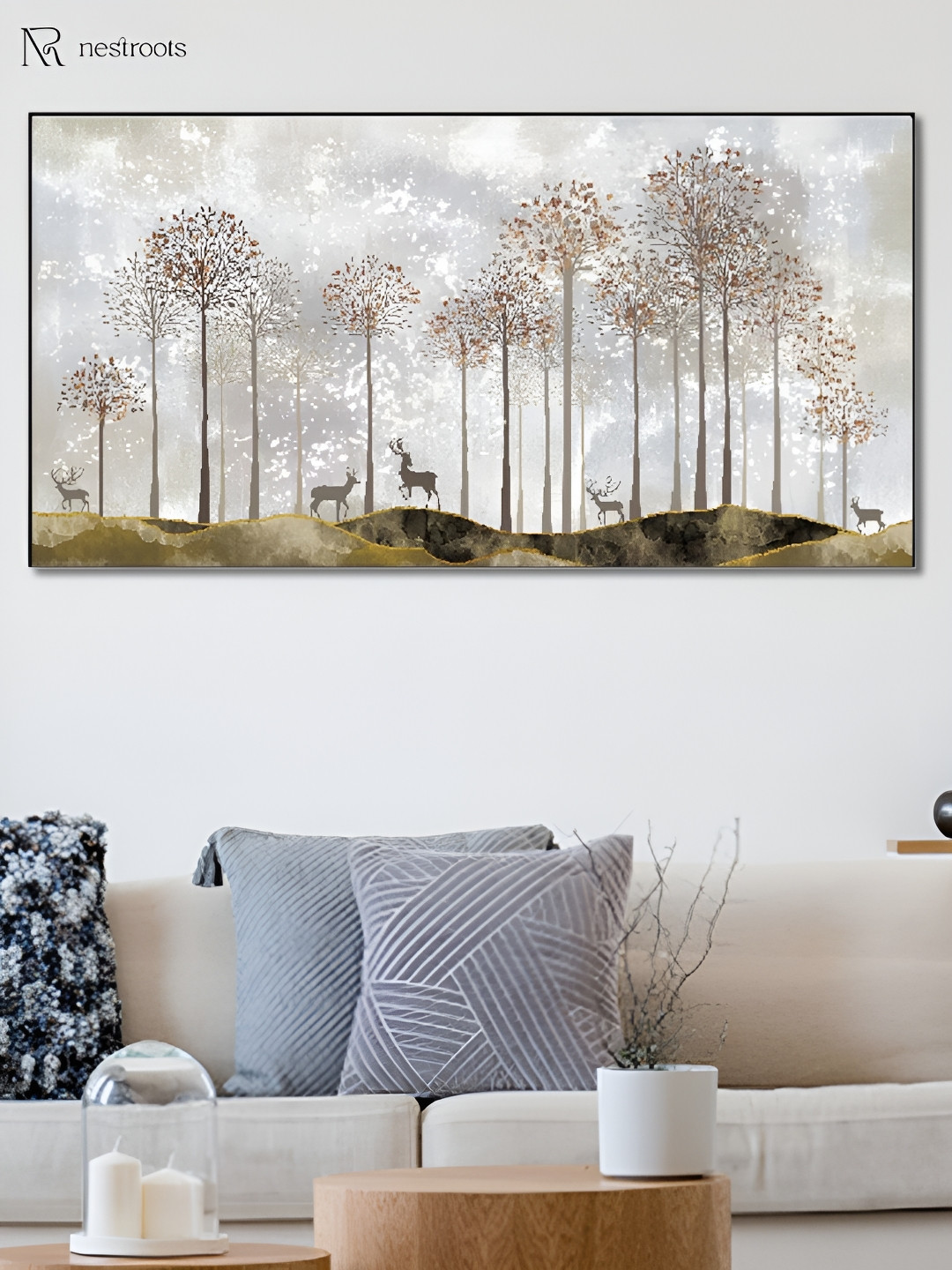nestroots Beige & Grey Forest with Graceful Deer Canvas Framed Painting Wall Art
