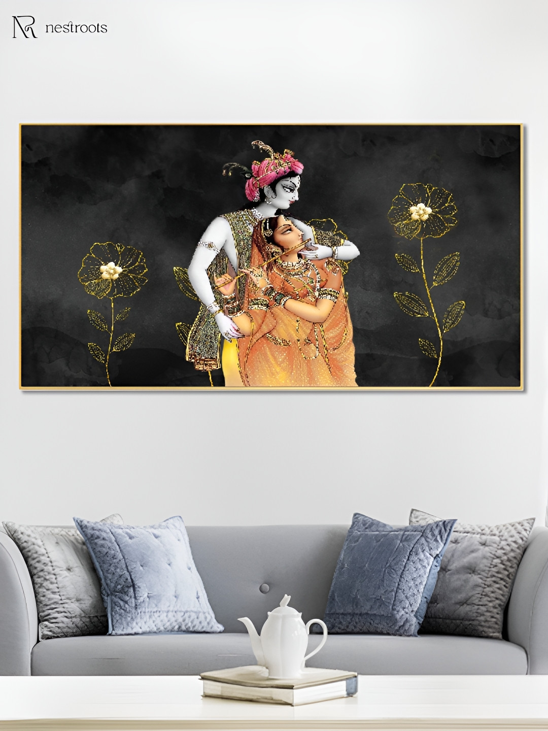 nestroots Black & Brown Radha and Krishna Canvas Framed Painting Wall Art