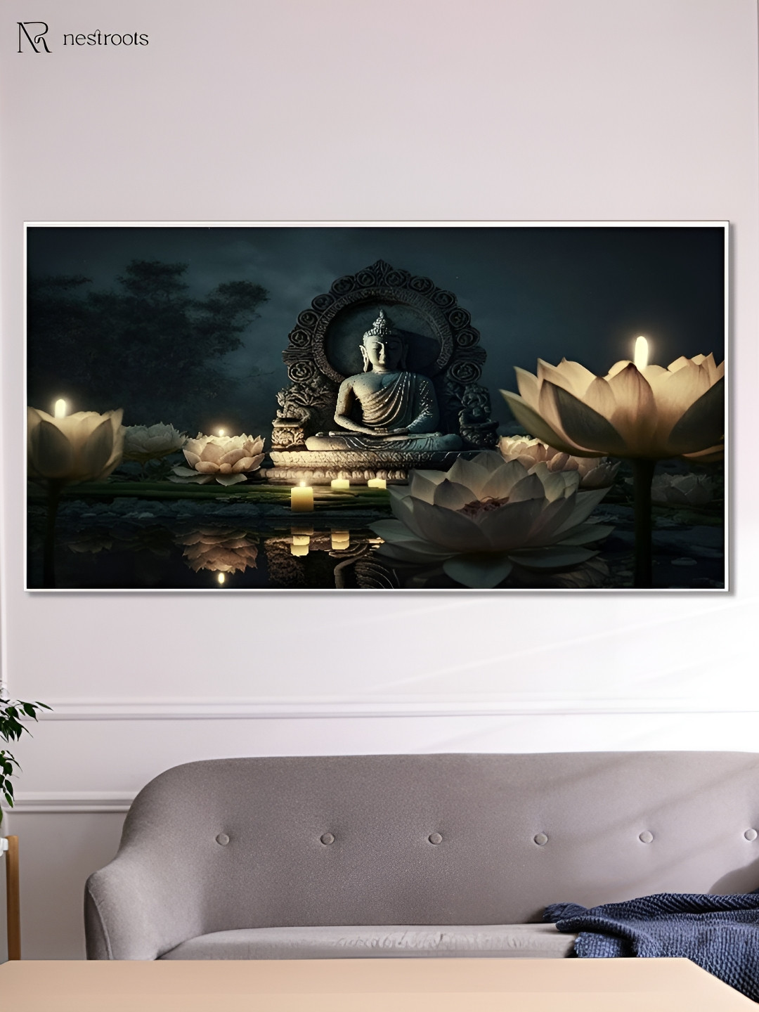 nestroots Green & Cream-Coloured Meditating Buddha Canvas Framed Painting Wall Art