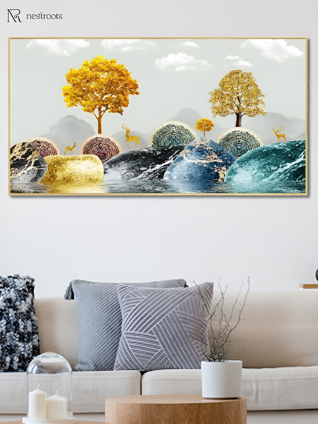 nestroots Yellow & Grey Landscape With Mystical Deer Canvas Animals Wall Art