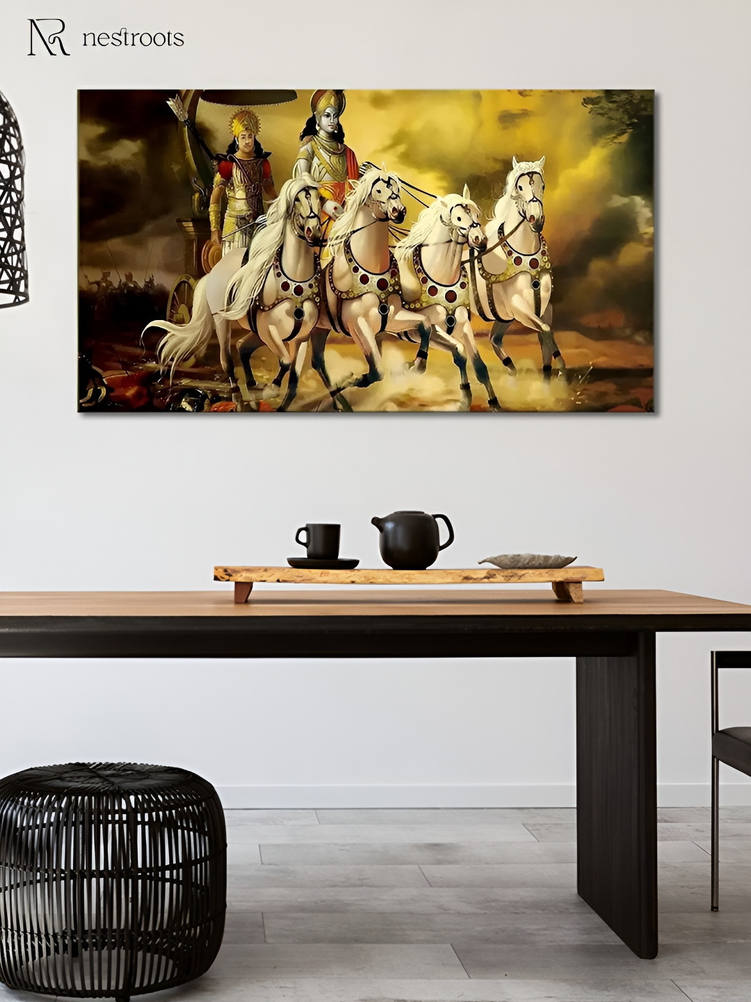 nestroots Yellow & Black Krishna And Arjun Religious Canvas Wall Art