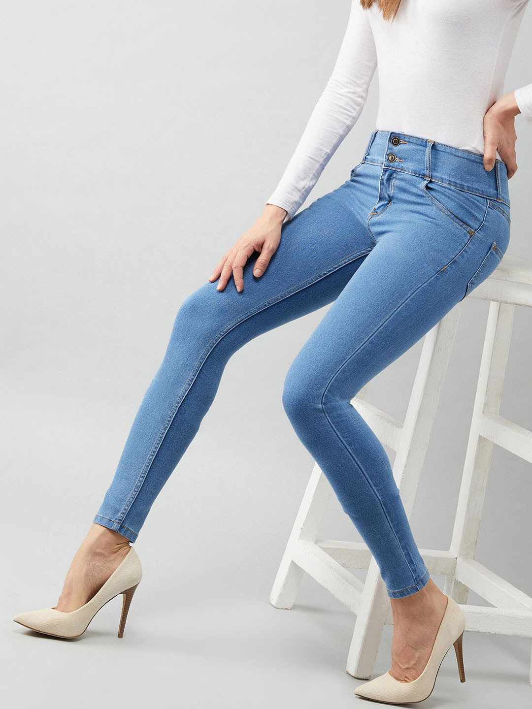 DOLCE CRUDO Skinny Fit High Rise Ice Wash Stretchable High Waist Denim Jeans
