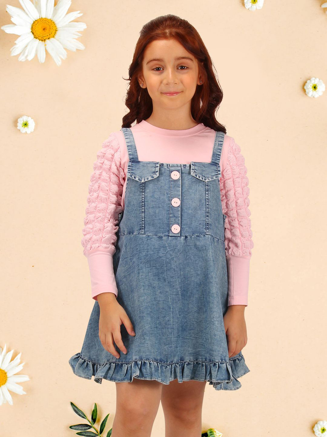CUTECUMBER Cuffed Sleeves Denim Pinafore Dress