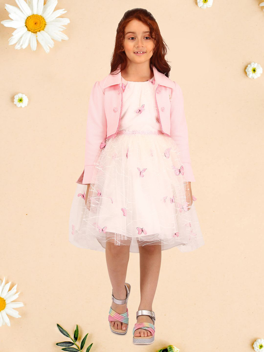 CUTECUMBER Applique Net Fit & Flare Dress Comes with a Full Sleeve Shrug
