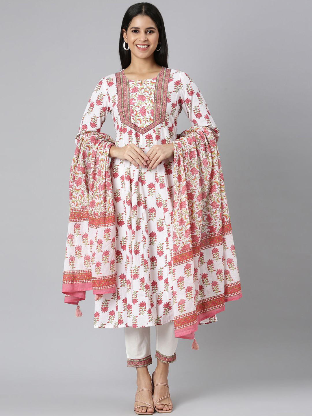 Neerus Floral Printed Pleated Jute Cotton Anarkali Kurta With Trousers & Dupatta