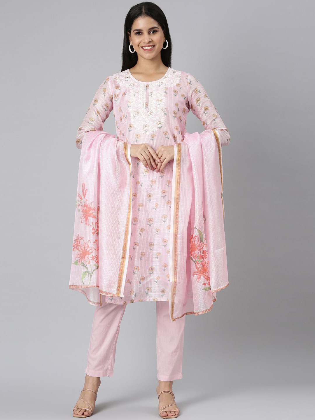 Neerus Floral Printed Thread Work Jute Cotton Straight Kurta With Trousers & Dupatta