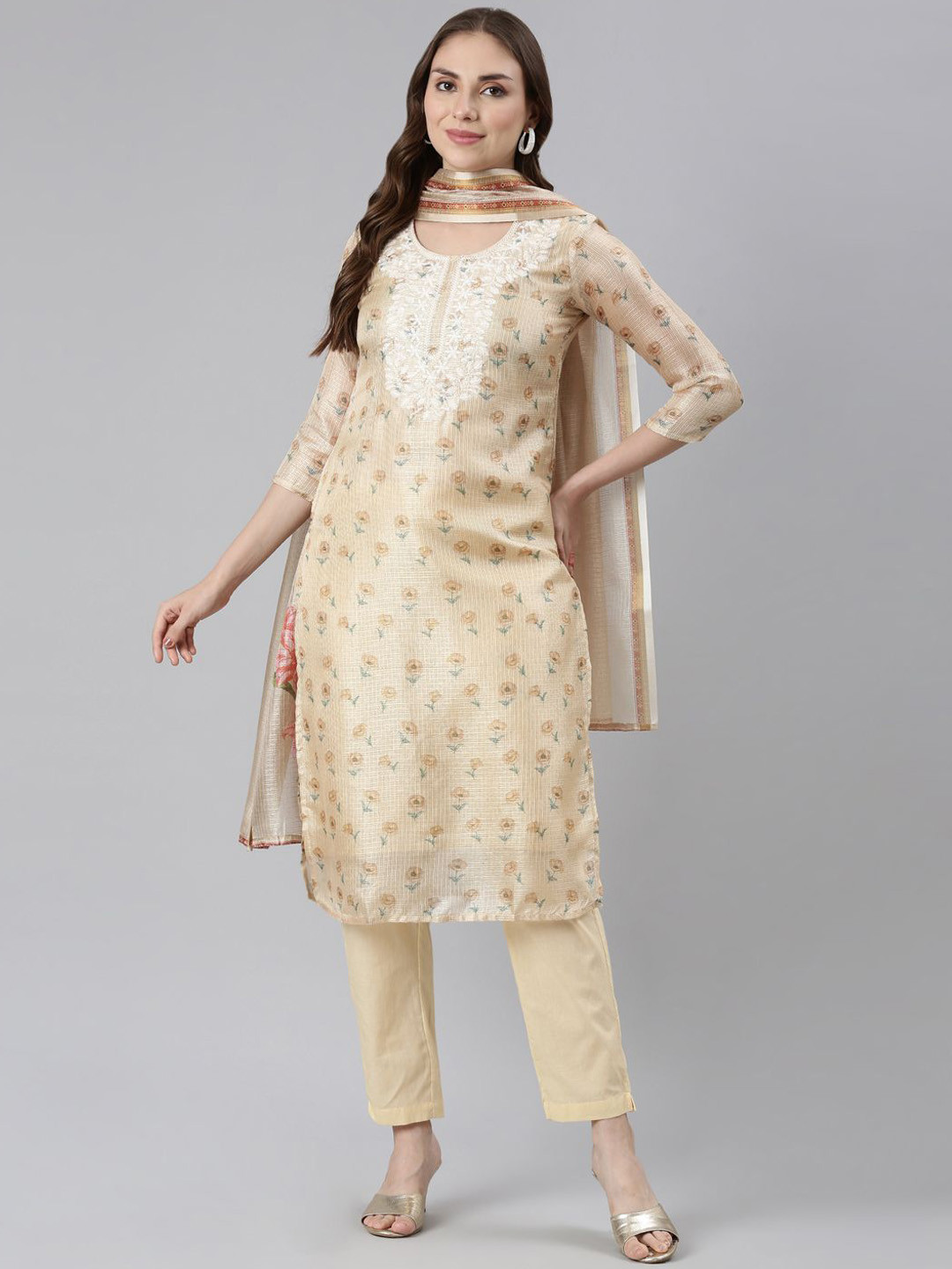Neerus Floral Printed Thread Work Jute Cotton Straight Kurta With Trousers & Dupatta