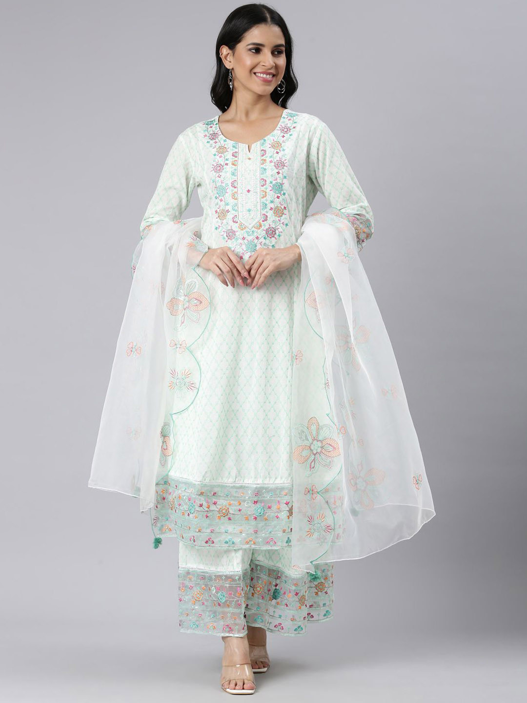 Neerus Floral Printed Sequinned Jute Cotton A-Line Kurta with Palazzos & Dupatta