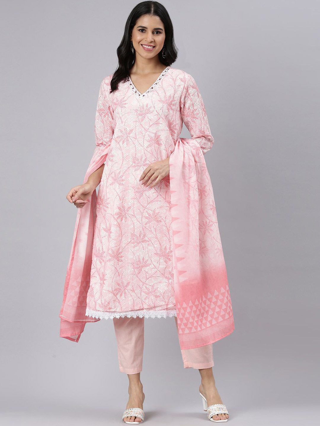Neerus Floral Embroidered Sequinned Jute Cotton A-Line Kurta With Trousers & Dupatta
