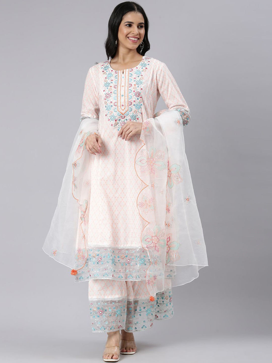 Neerus Floral Printed Regular Jute Cotton Anarkali Kurta With Palazzos & Dupatta
