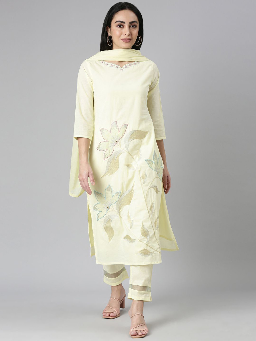 Neerus Floral Printed Jute Cotton Straight Kurta with Trousers & Dupatta
