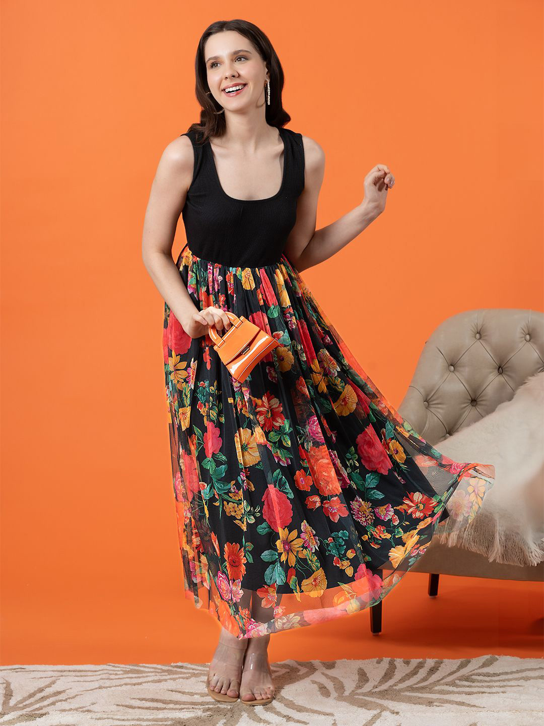 BLANC9 Floral Print Fit and Flare Midi Dress