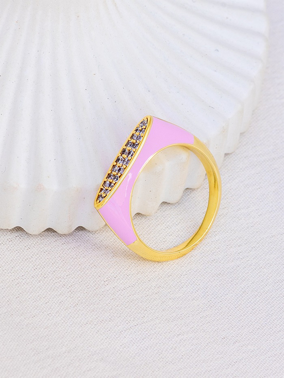 Perfectly Average Women 18K Gold Plated JewelleryPink Enamel Studded Ring